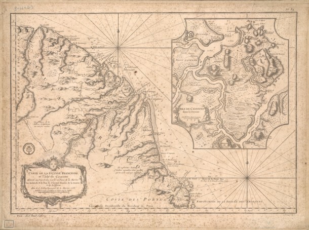 Mapa da Guiana Francesa (1763). No detalhe, v&ecirc;-se a Ilha de Caiena.