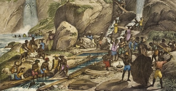 Litografia, de 1827, de autoria de Rugendas tratando do tema da minera&ccedil;&atilde;o e intitulada 